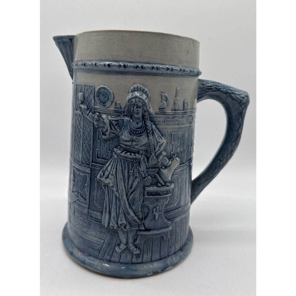 Vintage Blue Salt Glaze Kinney & Levan Flemish Beer Jug 8.75” Bar Maid And Gent